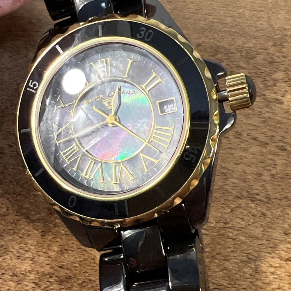 Swiss Legend Karamica Women's Black Gold Tone Watch Ceramic - Needs Battery
